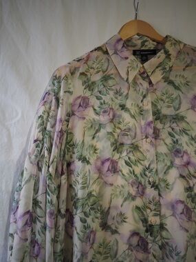 INC International Concepts Cream Floral Button-Down Shirt with Purple & Green
